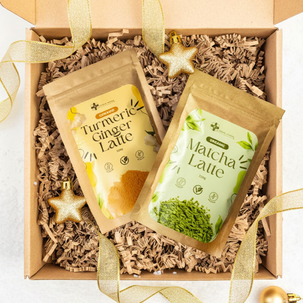 Zestaw Świąteczny Matcha Latte & Turmeric Latte + Łyżka – prezent dla miłośników superfoods